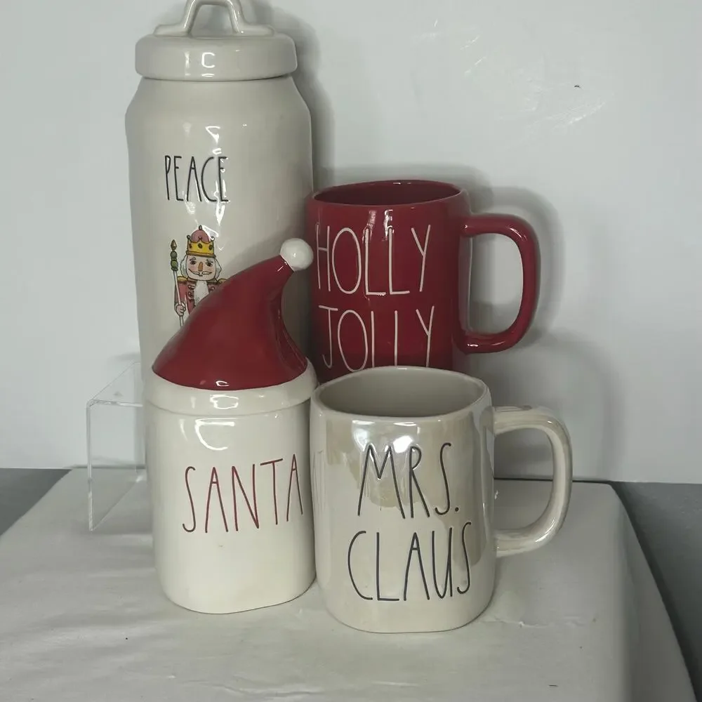 Rae Dunn Christmas Set of 4 Peace Nutcracker Canister Santa Mrs Claus Mugs
